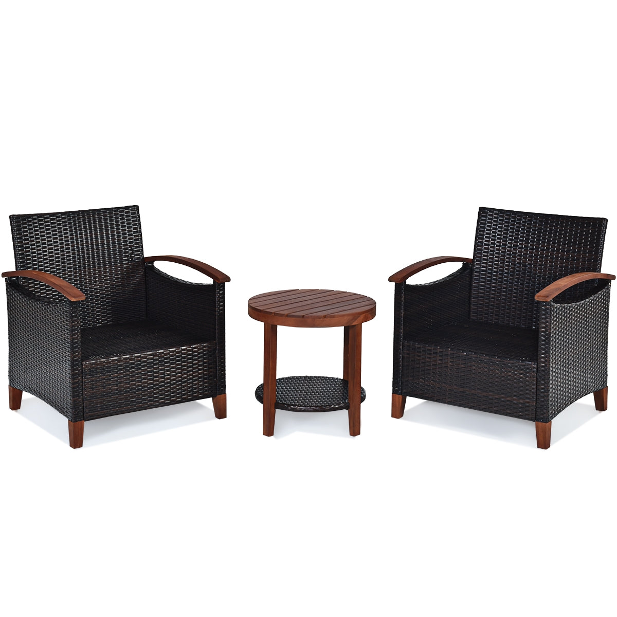 3 Pieces Patio Wicker Furniture Set with Washable Cushion and Acacia Wood Tabletop-BeigeÂ