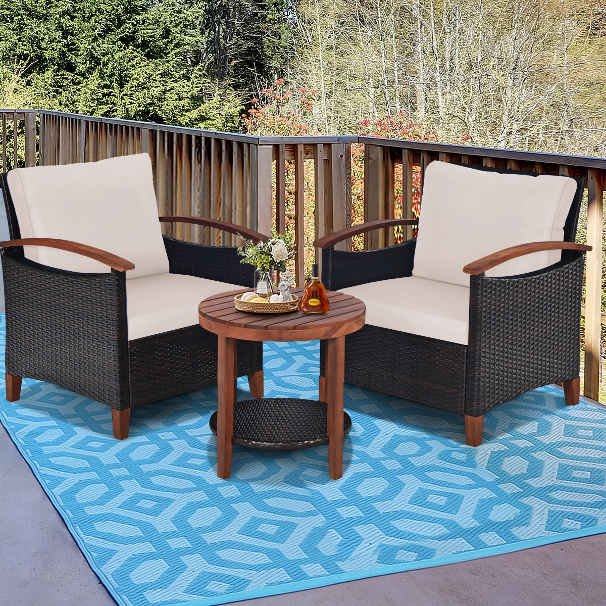 3 Pieces Patio Wicker Furniture Set with Washable Cushion and Acacia Wood Tabletop-BeigeÂ