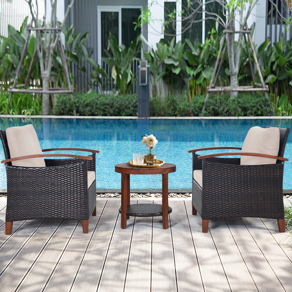 3 Pieces Patio Wicker Furniture Set with Washable Cushion and Acacia Wood Tabletop-BeigeÂ