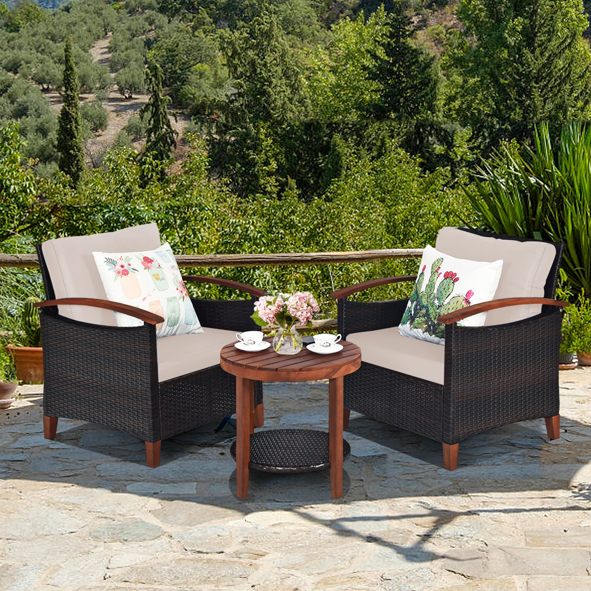 3 Pieces Patio Wicker Furniture Set with Washable Cushion and Acacia Wood Tabletop-BeigeÂ