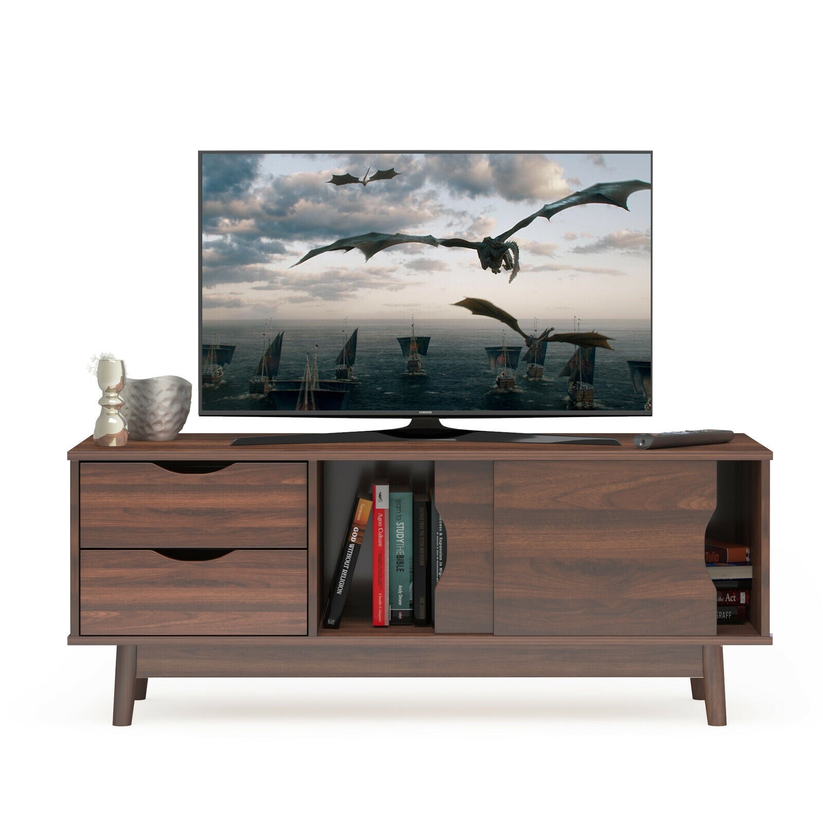 TV Stand for TV up to 60 Inch Media Console Table Storage with Doors-WalnutÂ