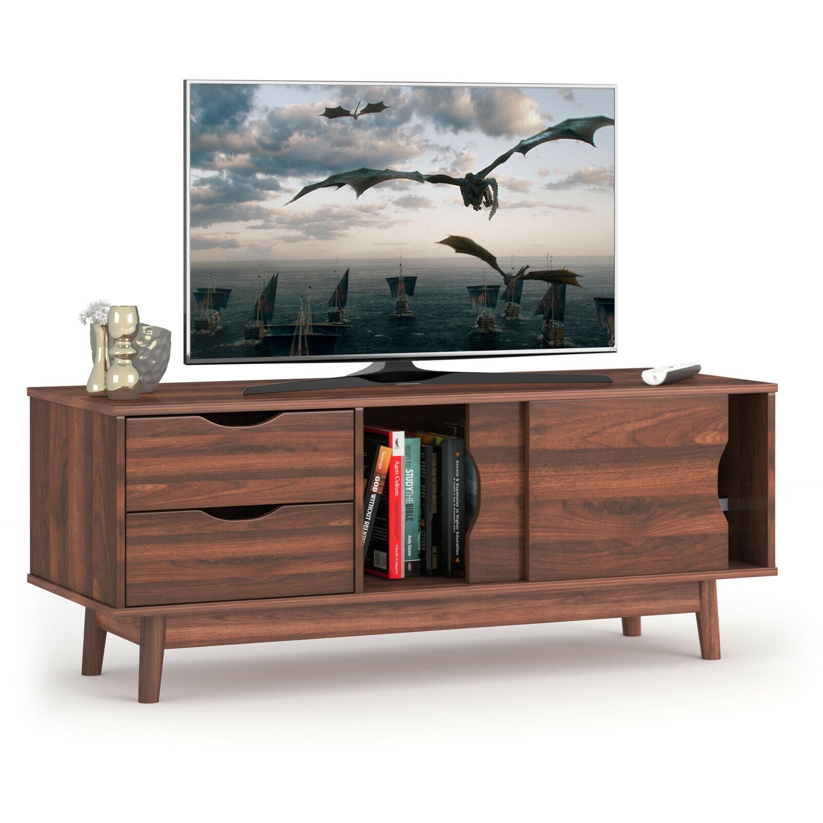 TV Stand for TV up to 60 Inch Media Console Table Storage with Doors-WalnutÂ