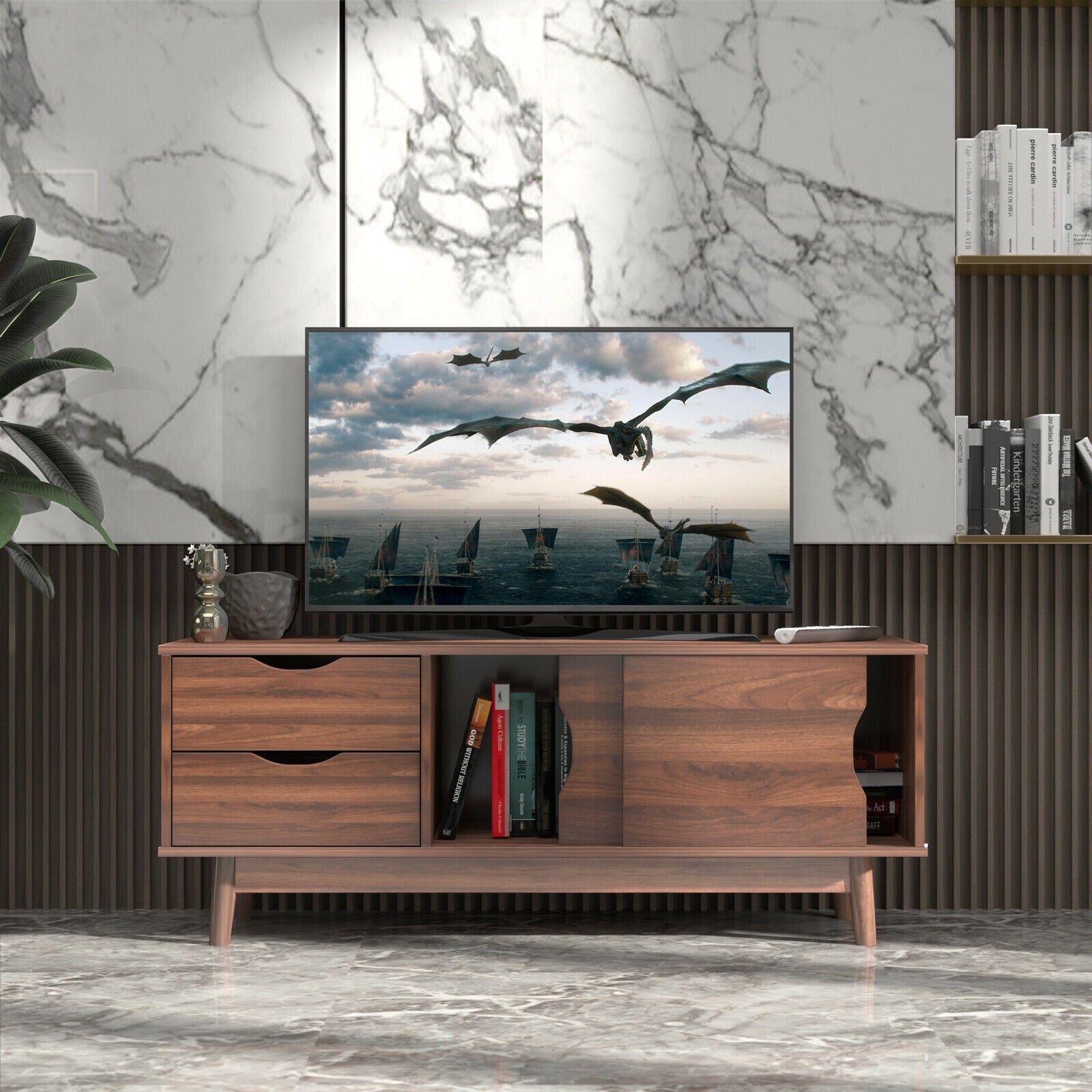 TV Stand for TV up to 60 Inch Media Console Table Storage with Doors-WalnutÂ