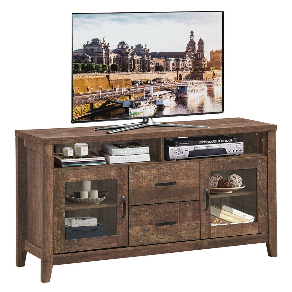 Wooden Retro TV Stand with Drawers and Tempered Glass DoorsÂ