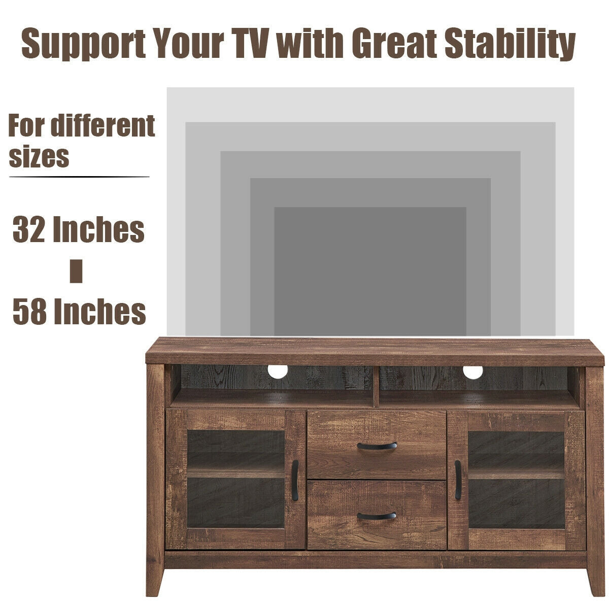 Wooden Retro TV Stand with Drawers and Tempered Glass DoorsÂ