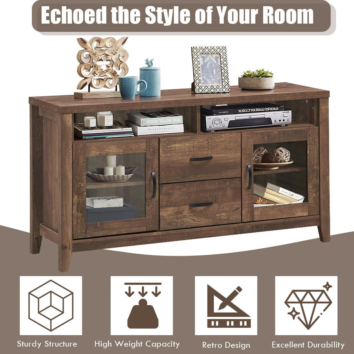 Wooden Retro TV Stand with Drawers and Tempered Glass DoorsÂ