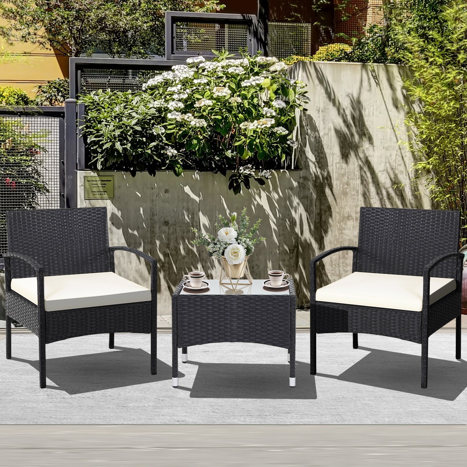 3 Pieces Patio Wicker Rattan Furniture Set with Cushion for Lawn Backyard-WhiteÂ