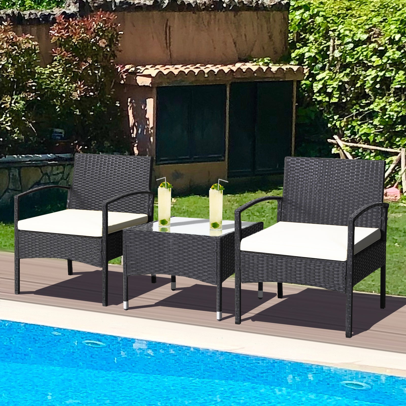 3 Pieces Patio Wicker Rattan Furniture Set with Cushion for Lawn Backyard-WhiteÂ