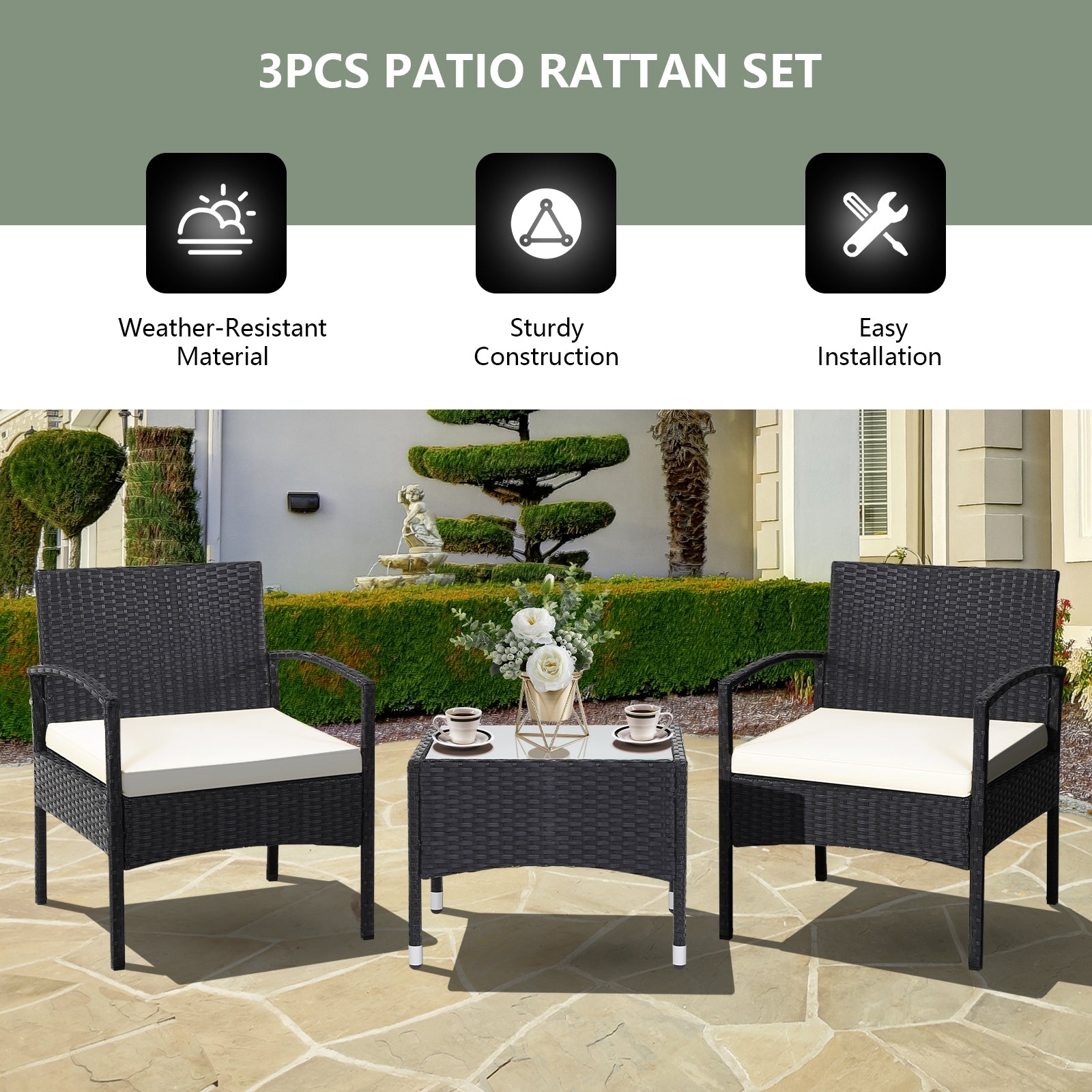 3 Pieces Patio Wicker Rattan Furniture Set with Cushion for Lawn Backyard-WhiteÂ