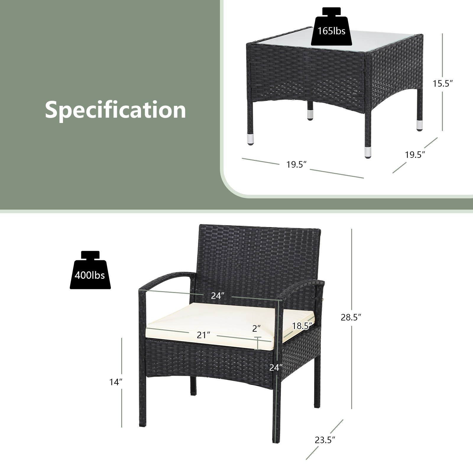 3 Pieces Patio Wicker Rattan Furniture Set with Cushion for Lawn Backyard-WhiteÂ