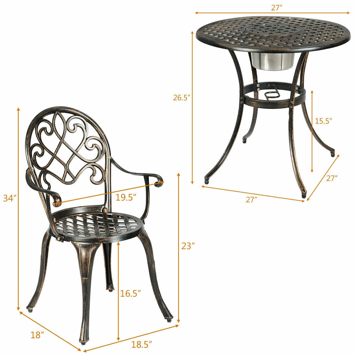 3 Pieces Outdoor Set Patio Bistro with Attached Removable Ice BucketÂ