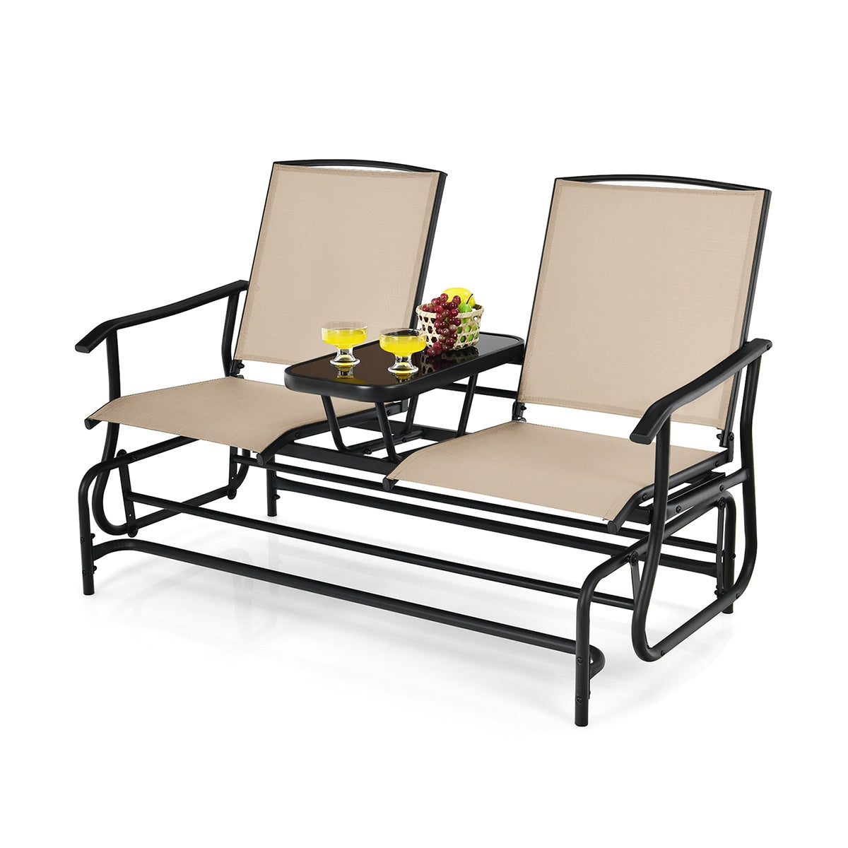 2-Person Double Rocking Loveseat with Mesh Fabric and Center Tempered Glass TableÂ