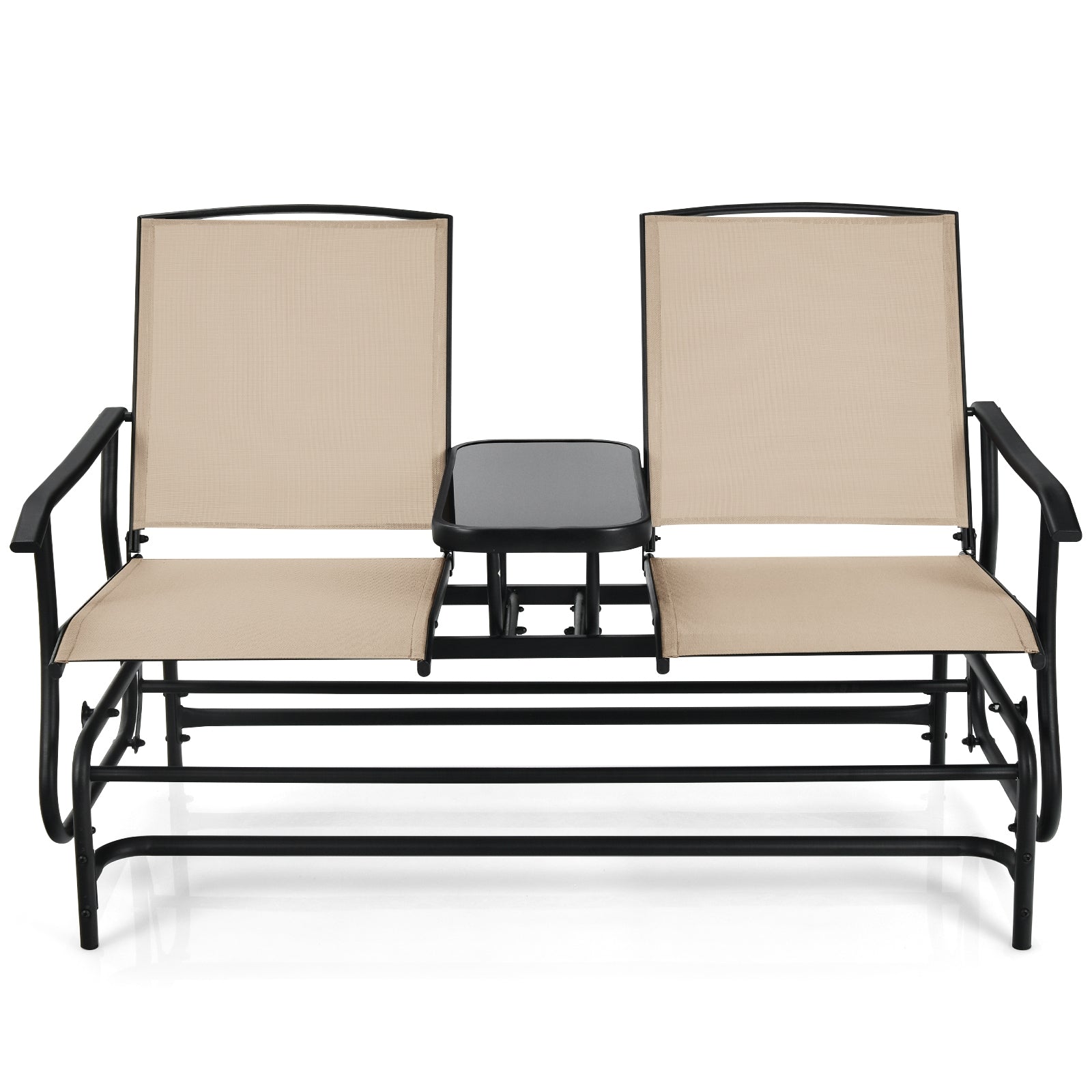 2-Person Double Rocking Loveseat with Mesh Fabric and Center Tempered Glass TableÂ