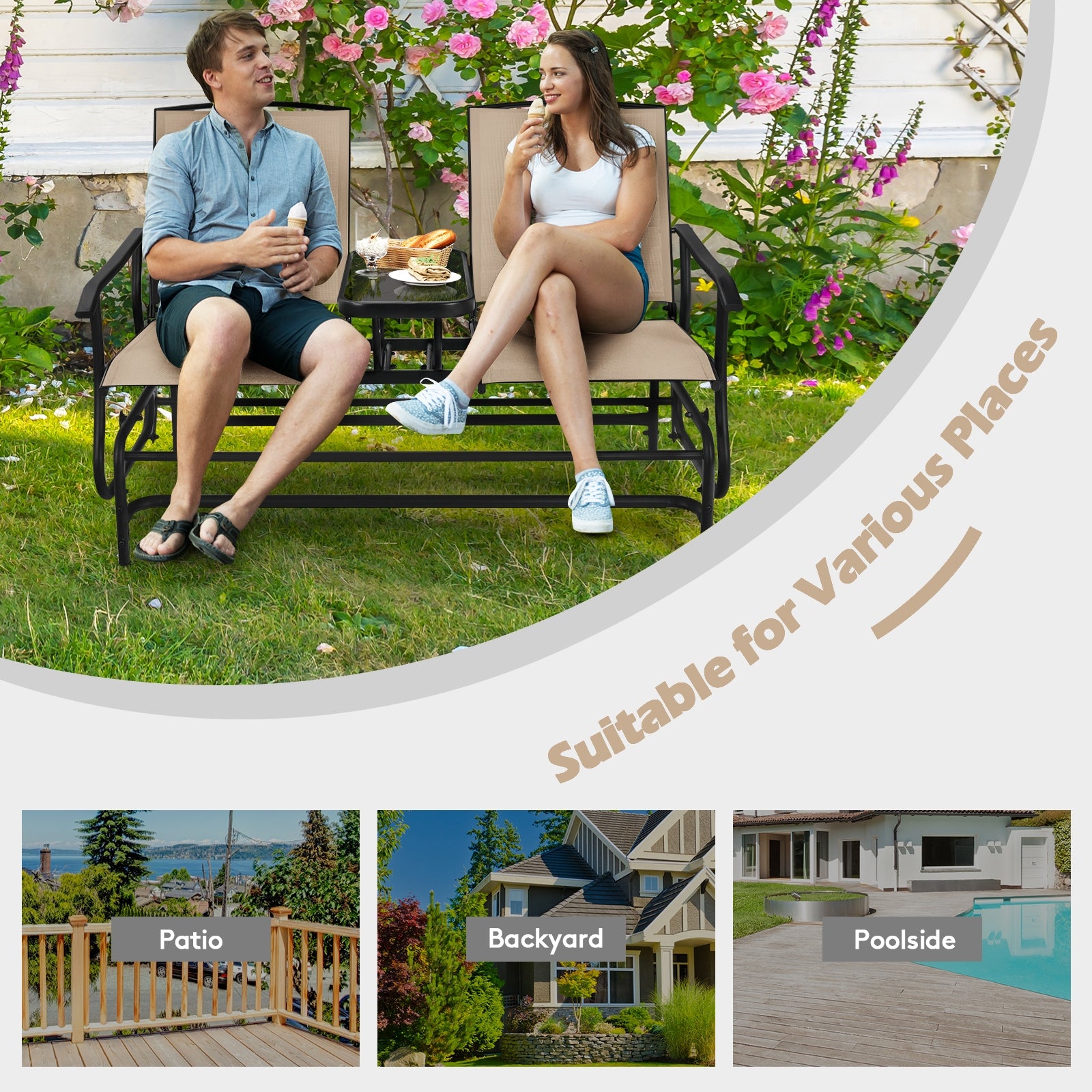 2-Person Double Rocking Loveseat with Mesh Fabric and Center Tempered Glass TableÂ