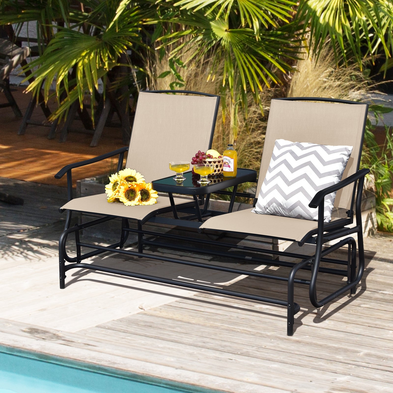 2-Person Double Rocking Loveseat with Mesh Fabric and Center Tempered Glass TableÂ