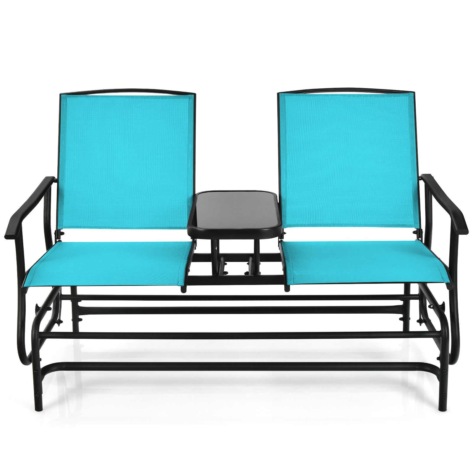 2-Person Double Rocking Loveseat with Mesh Fabric and Center Tempered Glass Table-TurquoiseÂ