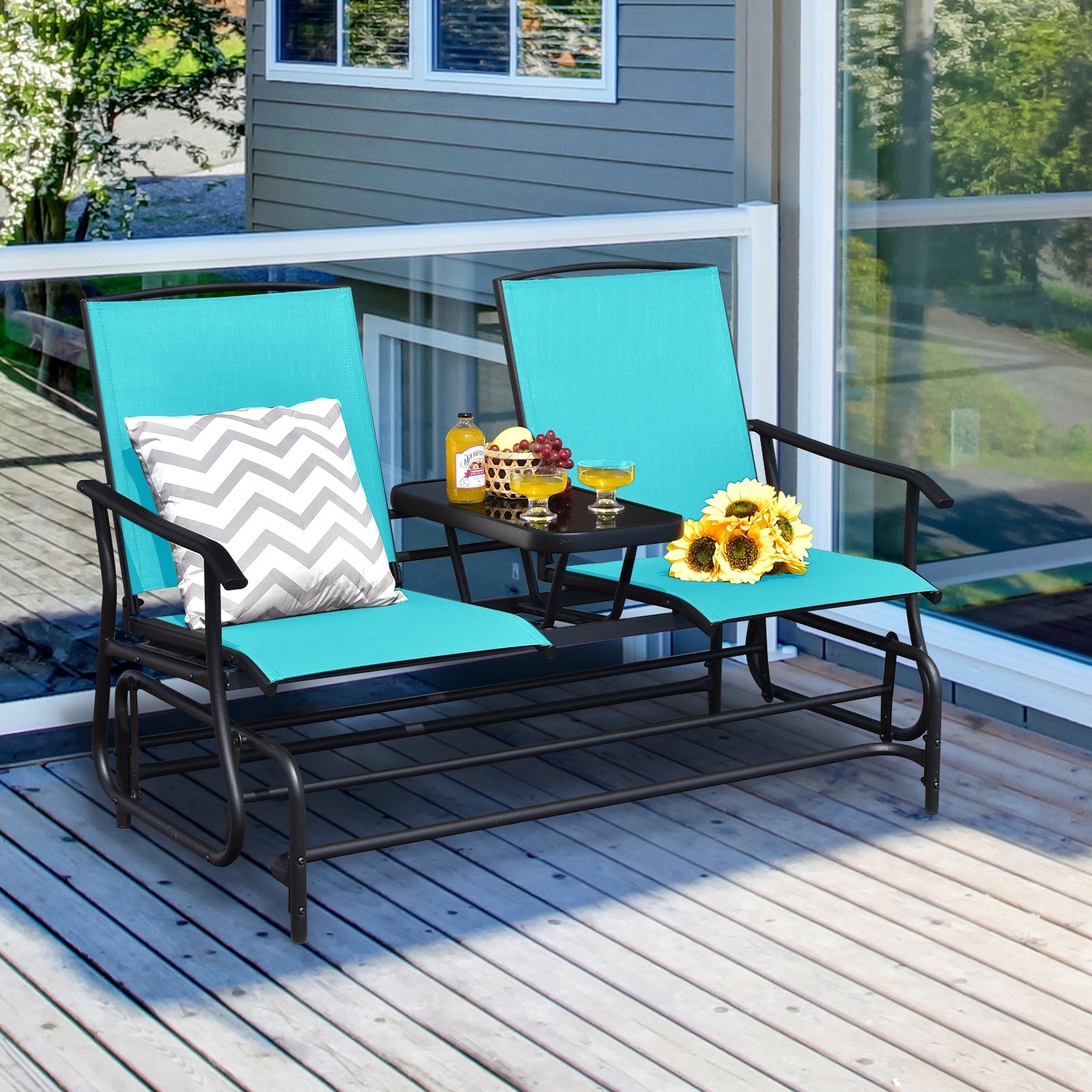 2-Person Double Rocking Loveseat with Mesh Fabric and Center Tempered Glass Table-TurquoiseÂ