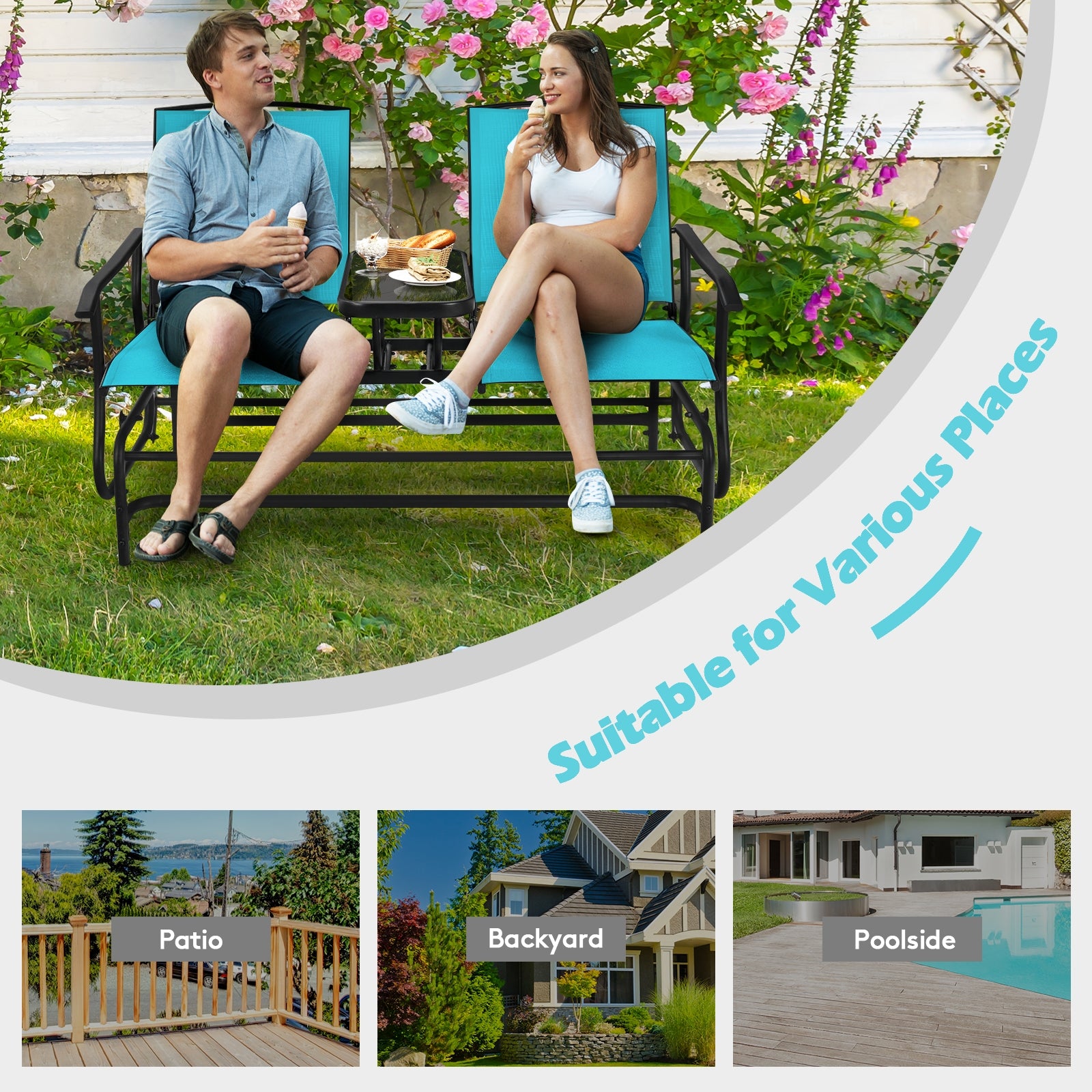 2-Person Double Rocking Loveseat with Mesh Fabric and Center Tempered Glass Table-TurquoiseÂ