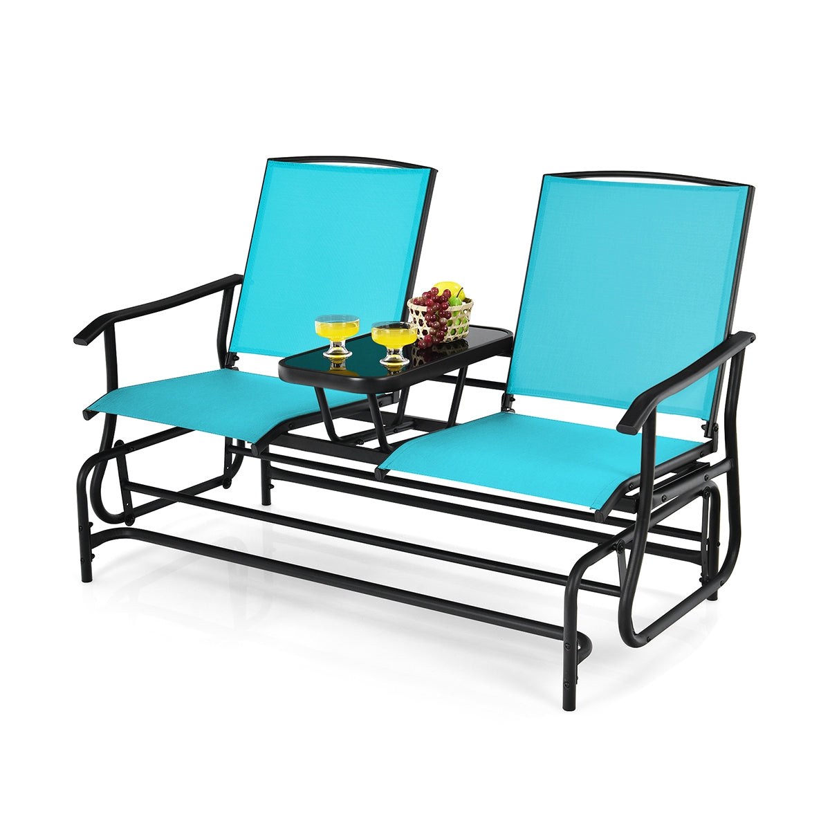2-Person Double Rocking Loveseat with Mesh Fabric and Center Tempered Glass Table-TurquoiseÂ
