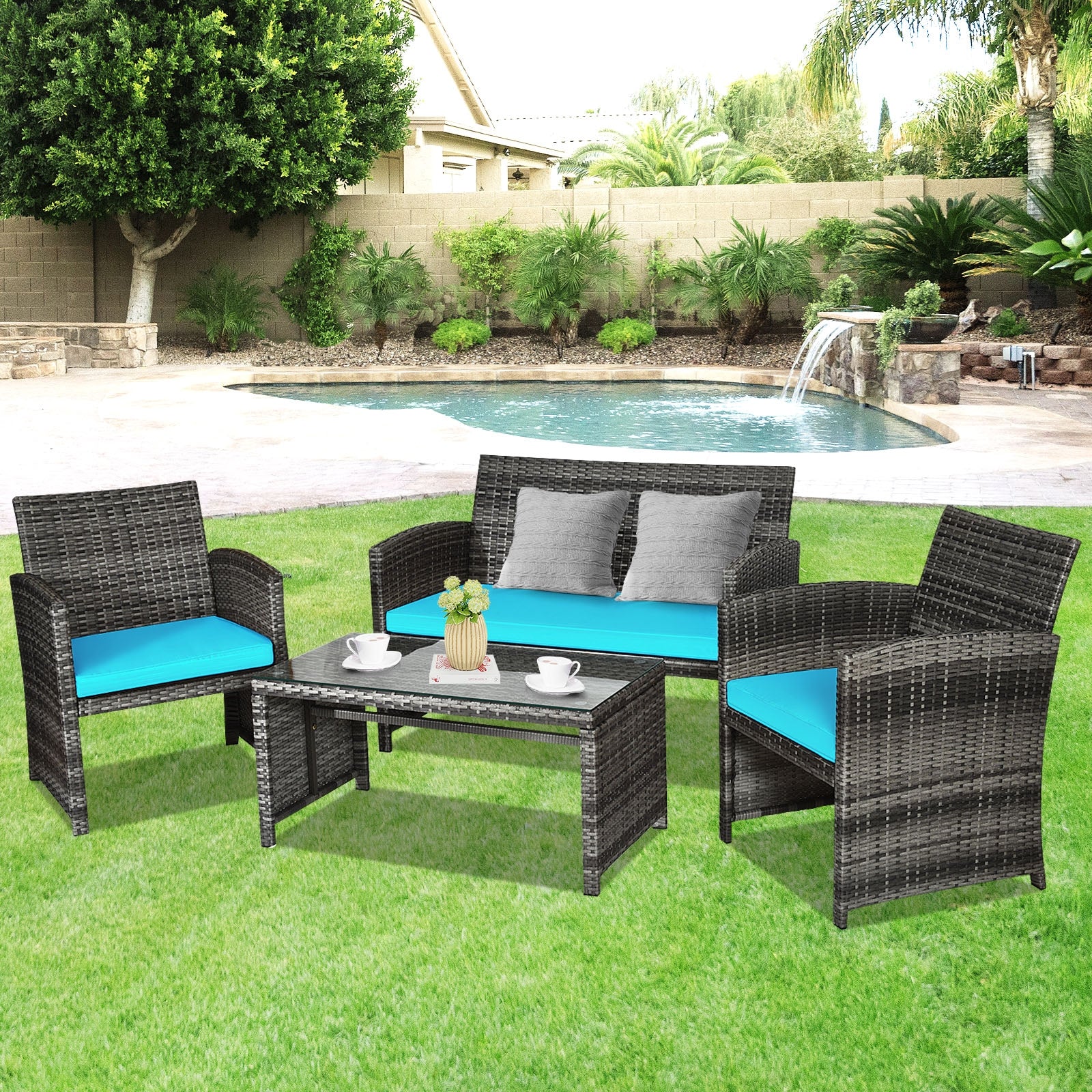 4 Pieces Patio Rattan Furniture Set with Cushions-TurquoiseÂ