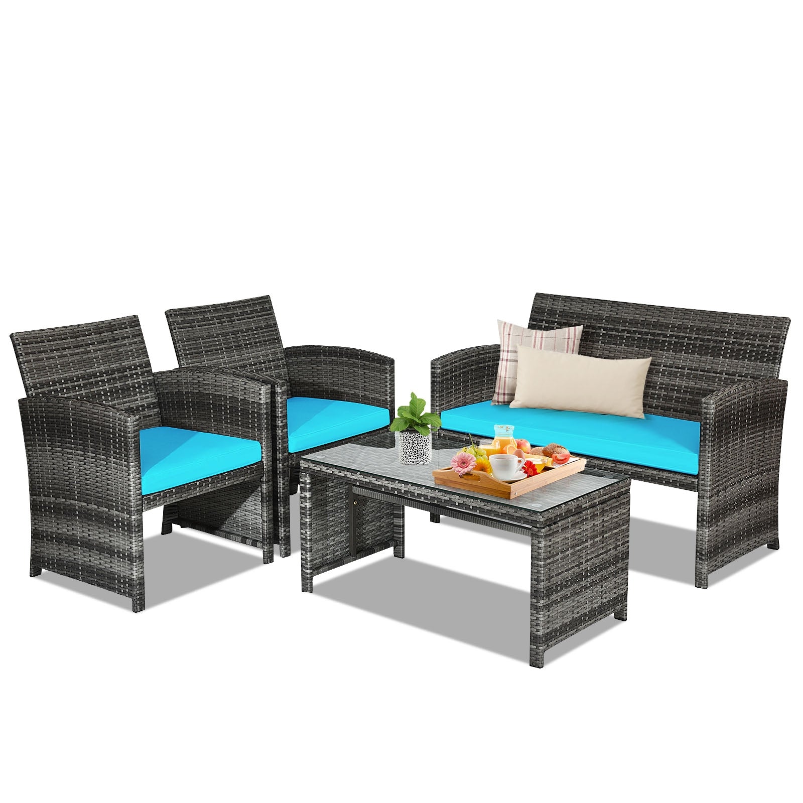 4 Pieces Patio Rattan Furniture Set with Cushions-TurquoiseÂ
