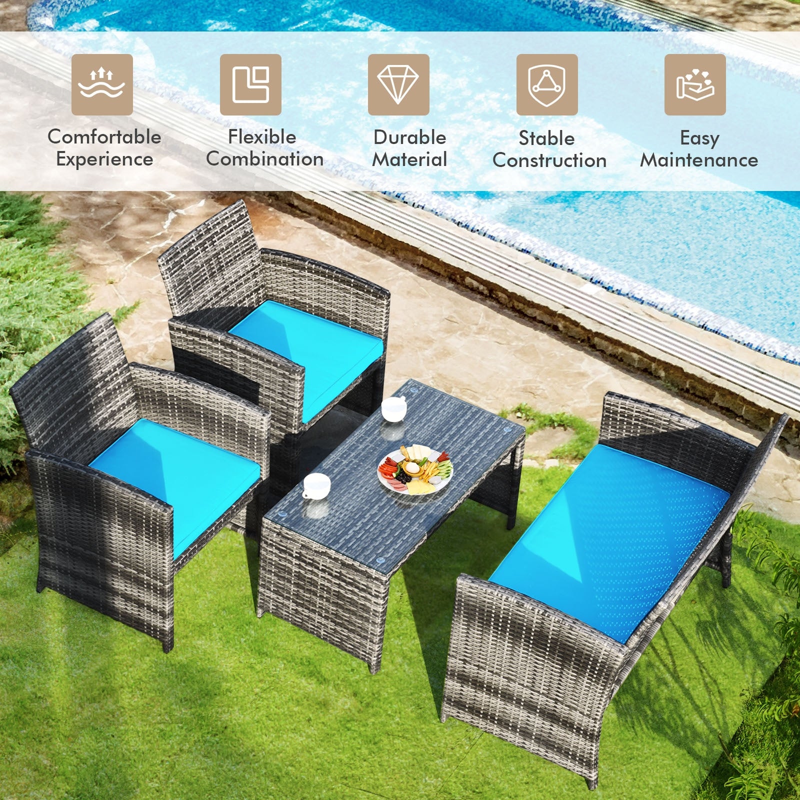 4 Pieces Patio Rattan Furniture Set with Cushions-TurquoiseÂ