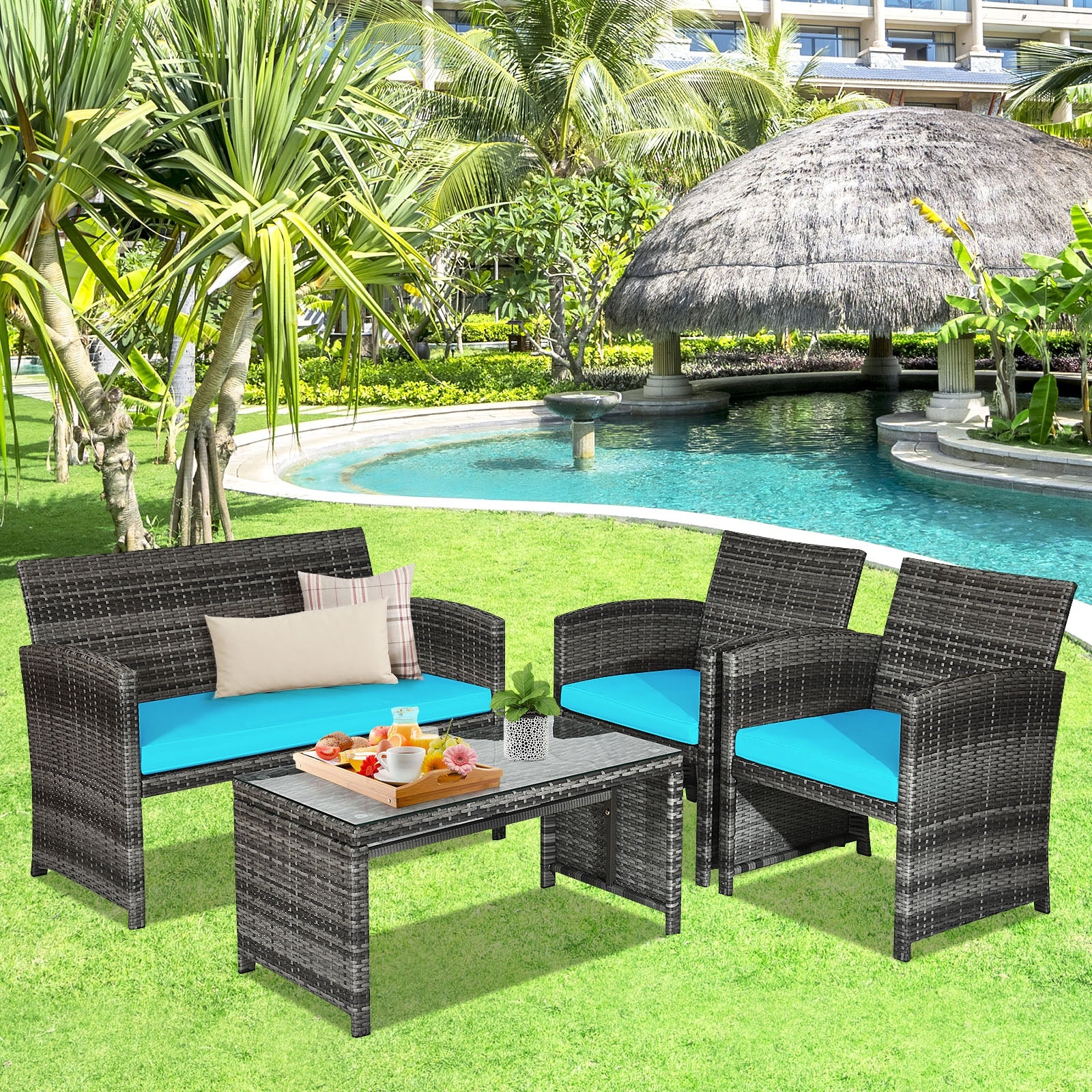 4 Pieces Patio Rattan Furniture Set with Cushions-TurquoiseÂ