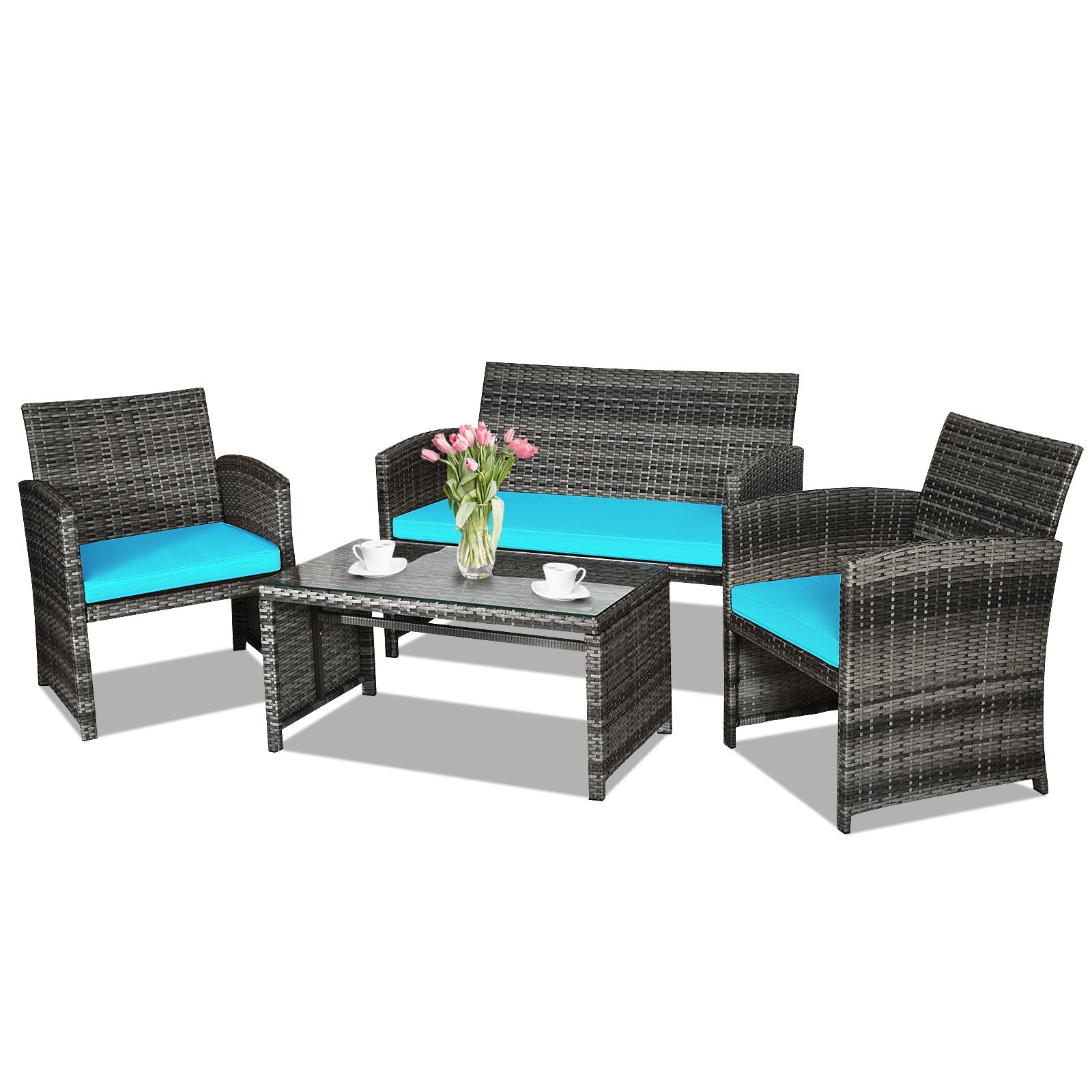 4 Pieces Patio Rattan Furniture Set with Cushions-TurquoiseÂ