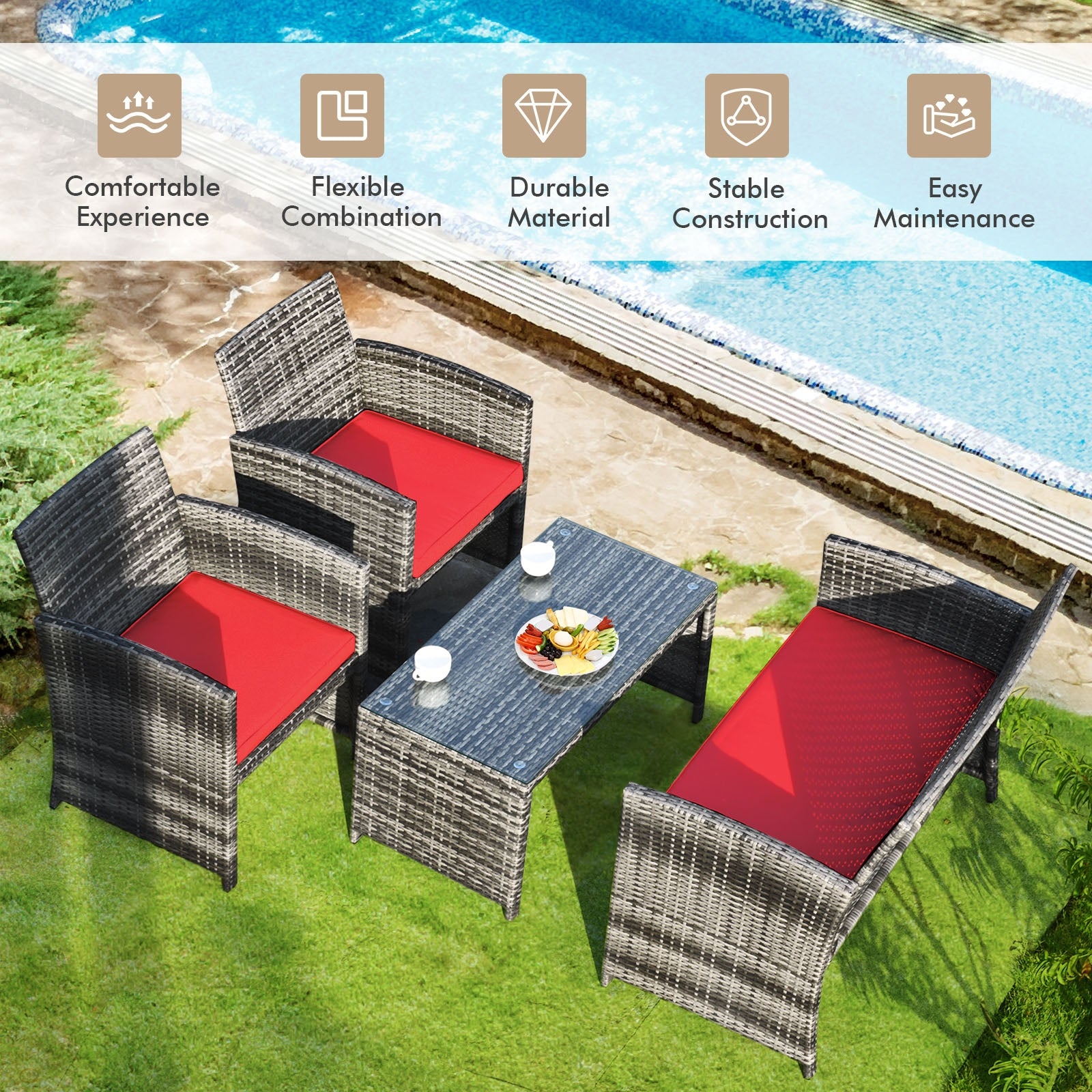 4 Pieces Patio Rattan Furniture Set with Cushions-RedÂ