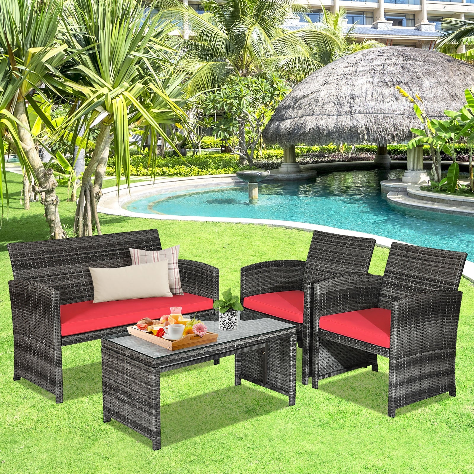 4 Pieces Patio Rattan Furniture Set with Cushions-RedÂ