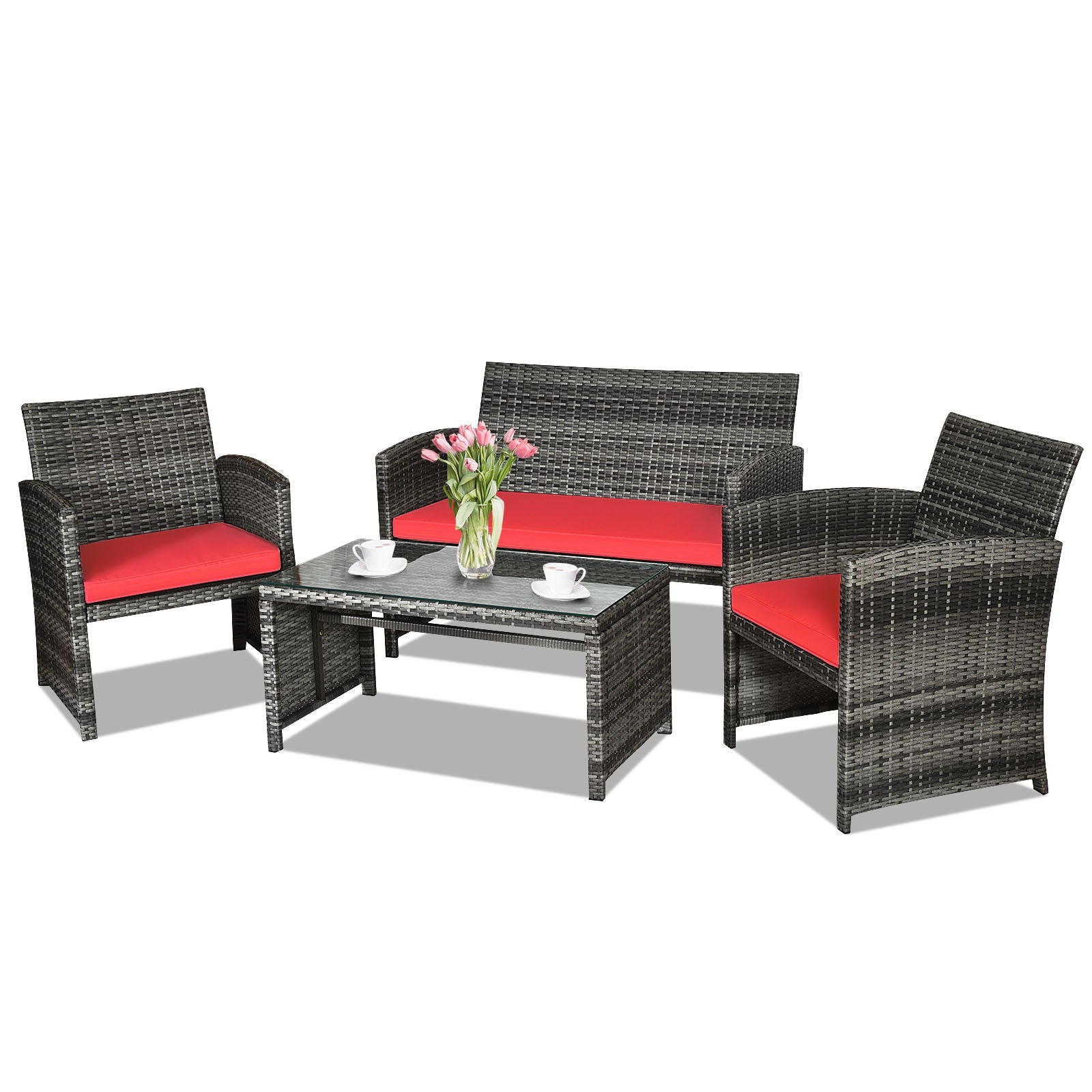 4 Pieces Patio Rattan Furniture Set with Cushions-RedÂ