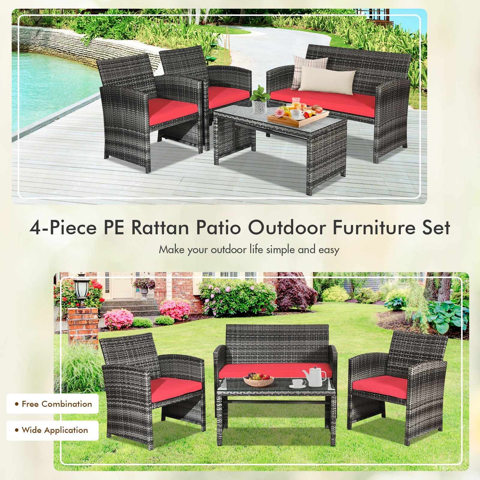 4 Pieces Patio Rattan Furniture Set with Cushions-RedÂ