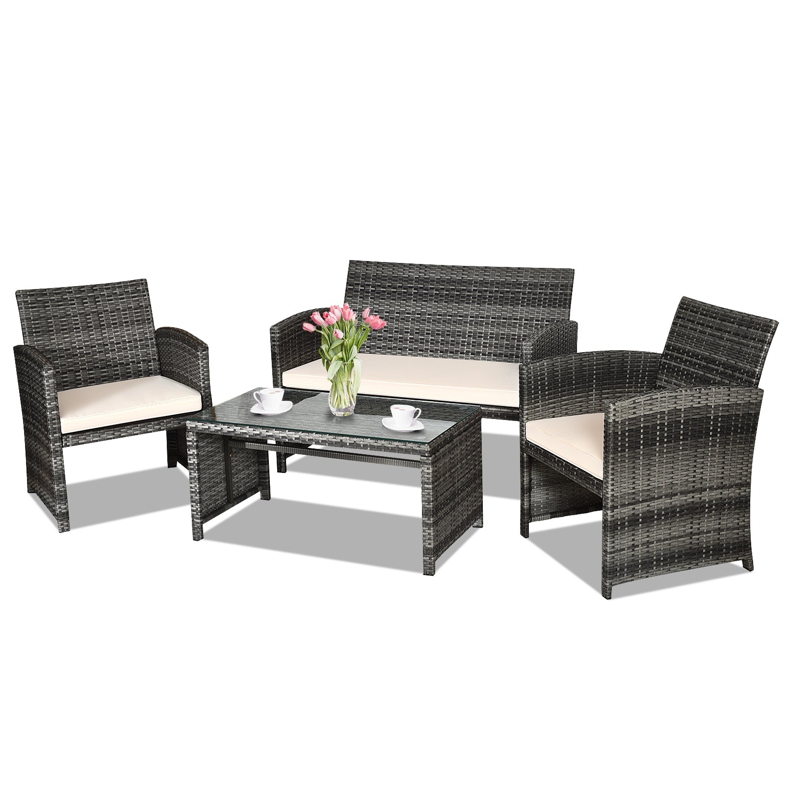 4 Pcs Patio Rattan Furniture Set Top Sofa With Glass Table-WhiteÂ