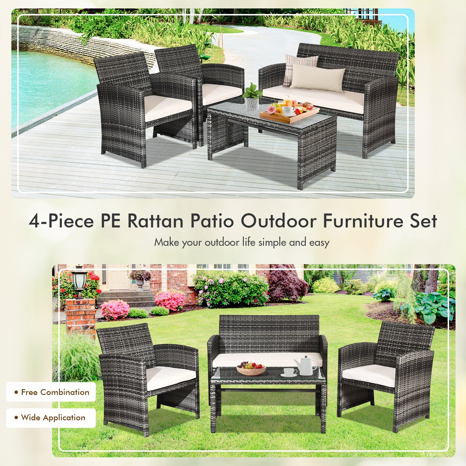 4 Pcs Patio Rattan Furniture Set Top Sofa With Glass Table-WhiteÂ