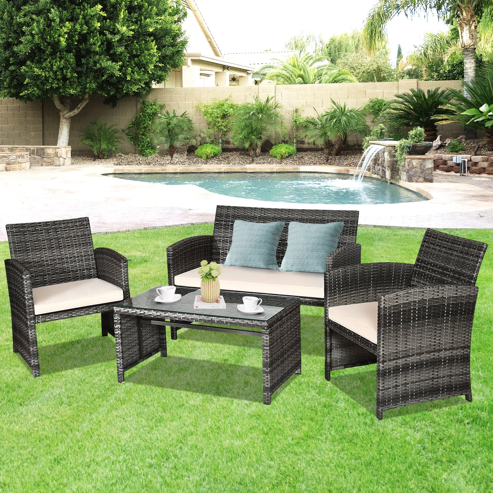 4 Pcs Patio Rattan Furniture Set Top Sofa With Glass Table-WhiteÂ
