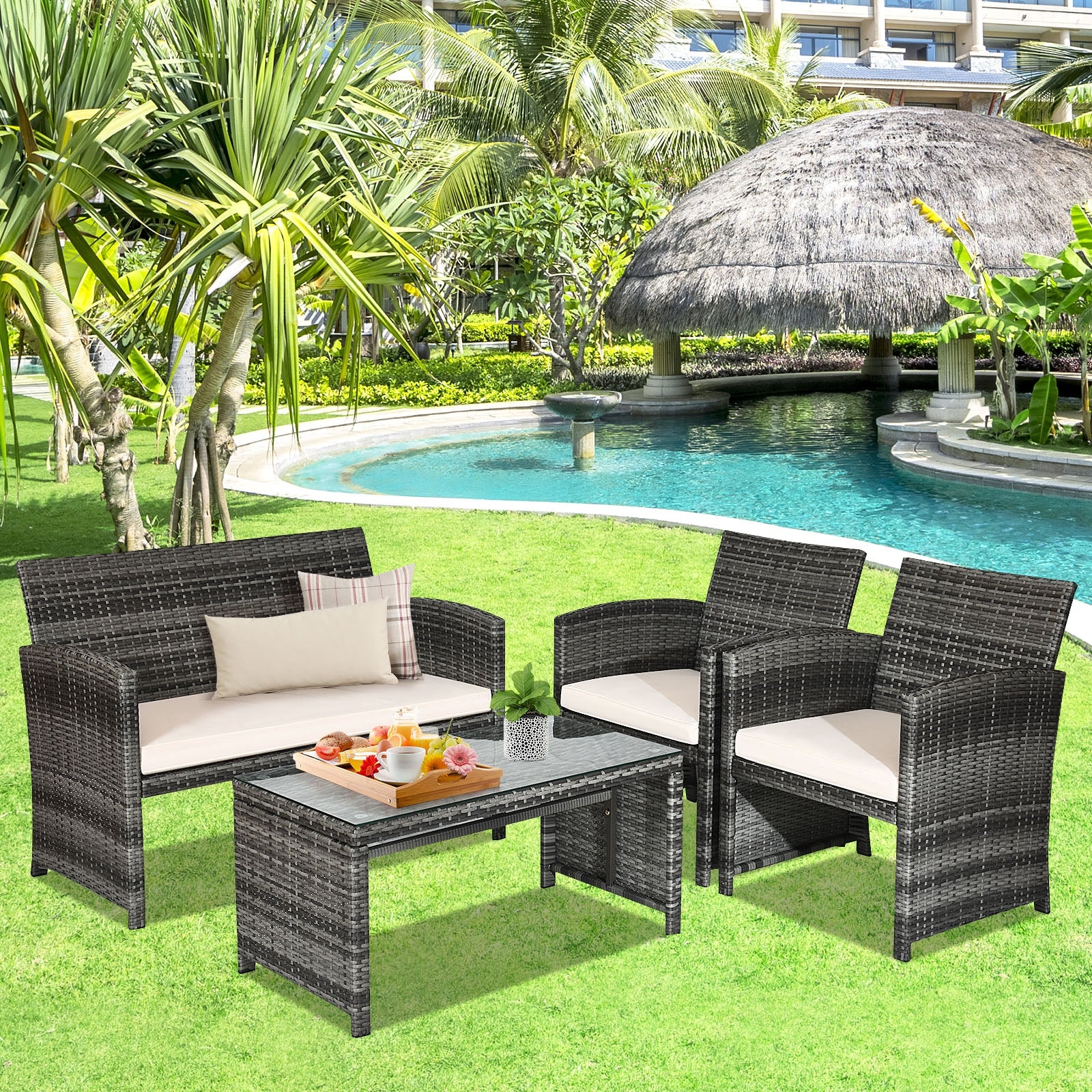 4 Pcs Patio Rattan Furniture Set Top Sofa With Glass Table-WhiteÂ