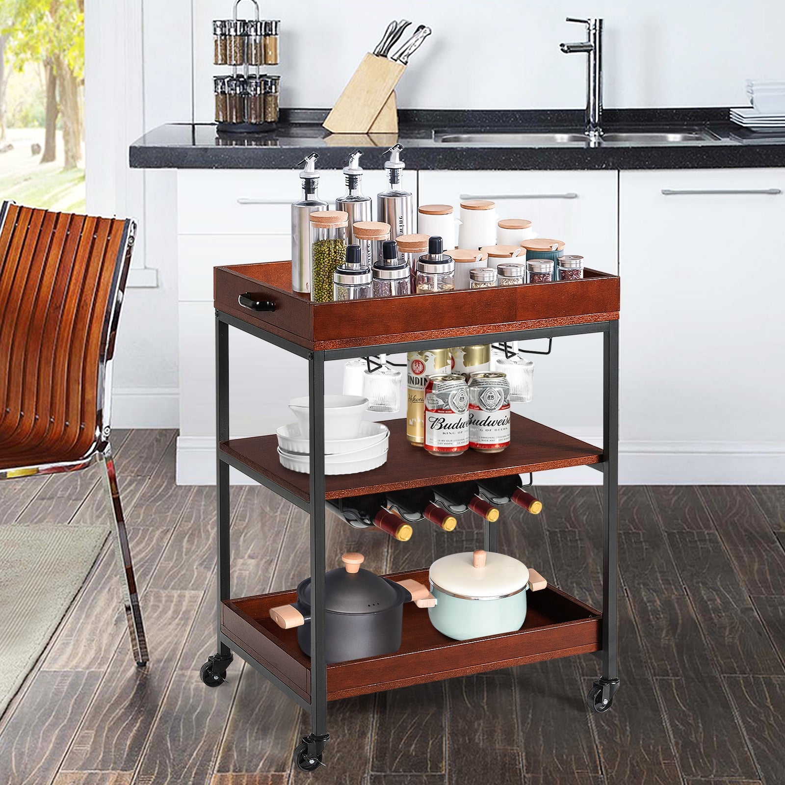 3 Tiers Kitchen Island Serving Bar Cart with Glasses Holder and Wine Bottle RackÂ