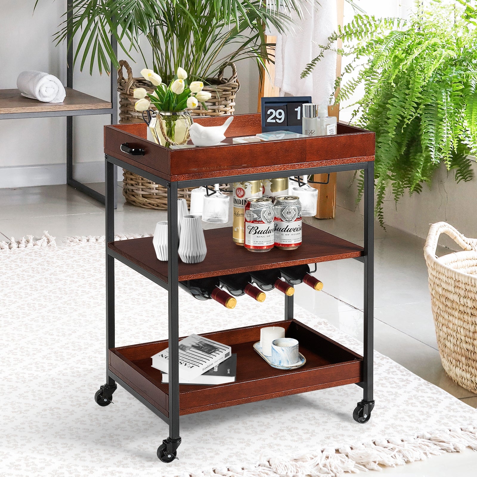 3 Tiers Kitchen Island Serving Bar Cart with Glasses Holder and Wine Bottle RackÂ