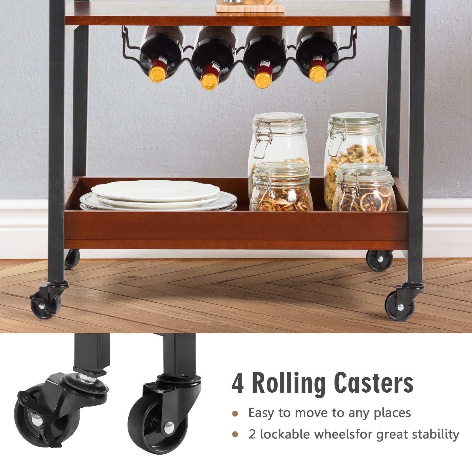 3 Tiers Kitchen Island Serving Bar Cart with Glasses Holder and Wine Bottle RackÂ