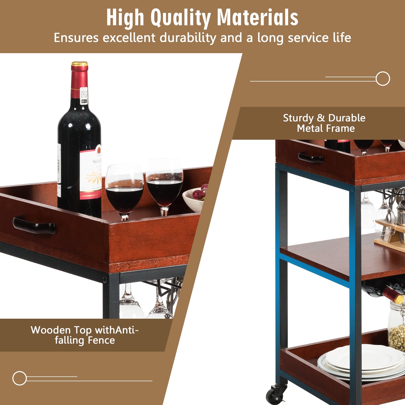 3 Tiers Kitchen Island Serving Bar Cart with Glasses Holder and Wine Bottle RackÂ