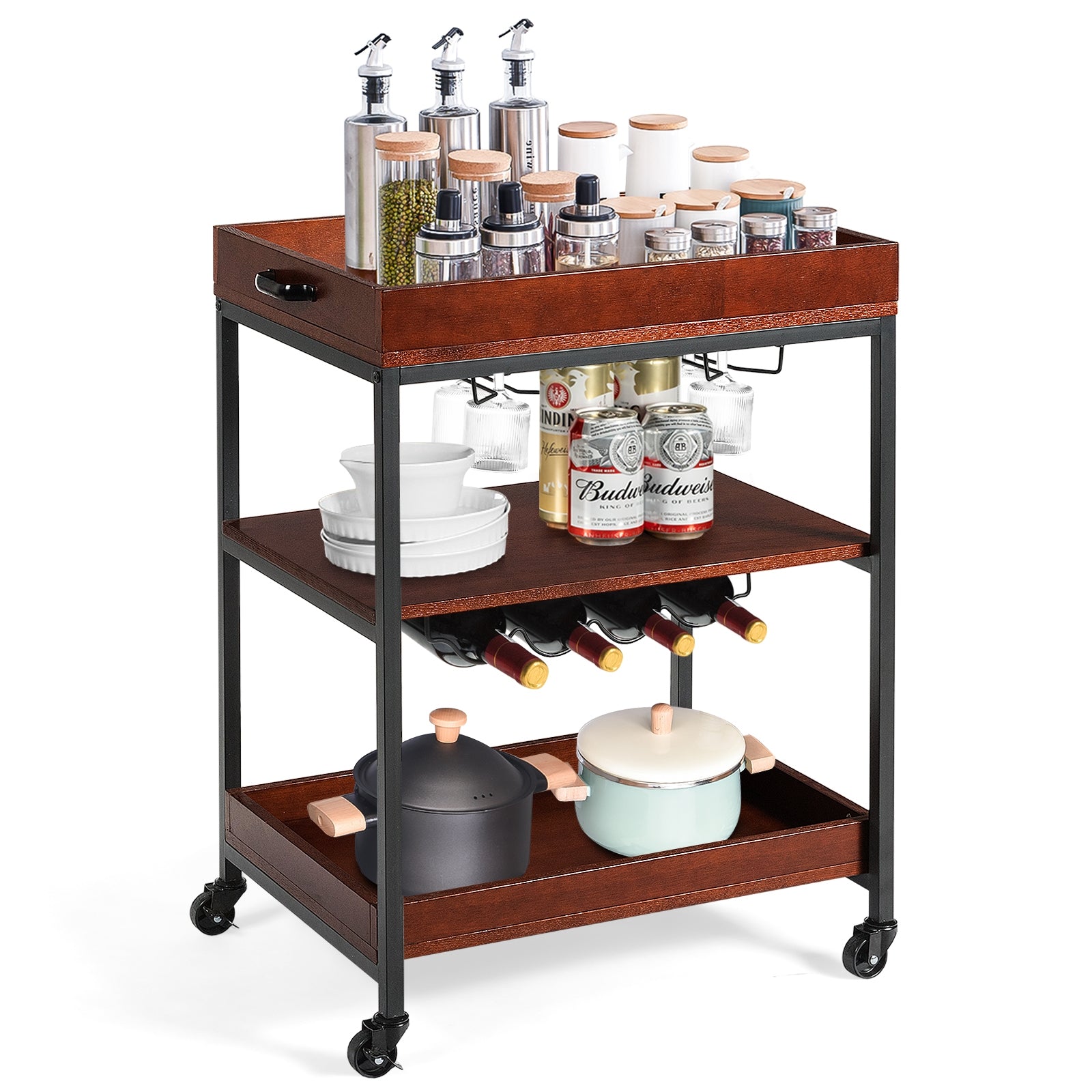 3 Tiers Kitchen Island Serving Bar Cart with Glasses Holder and Wine Bottle RackÂ