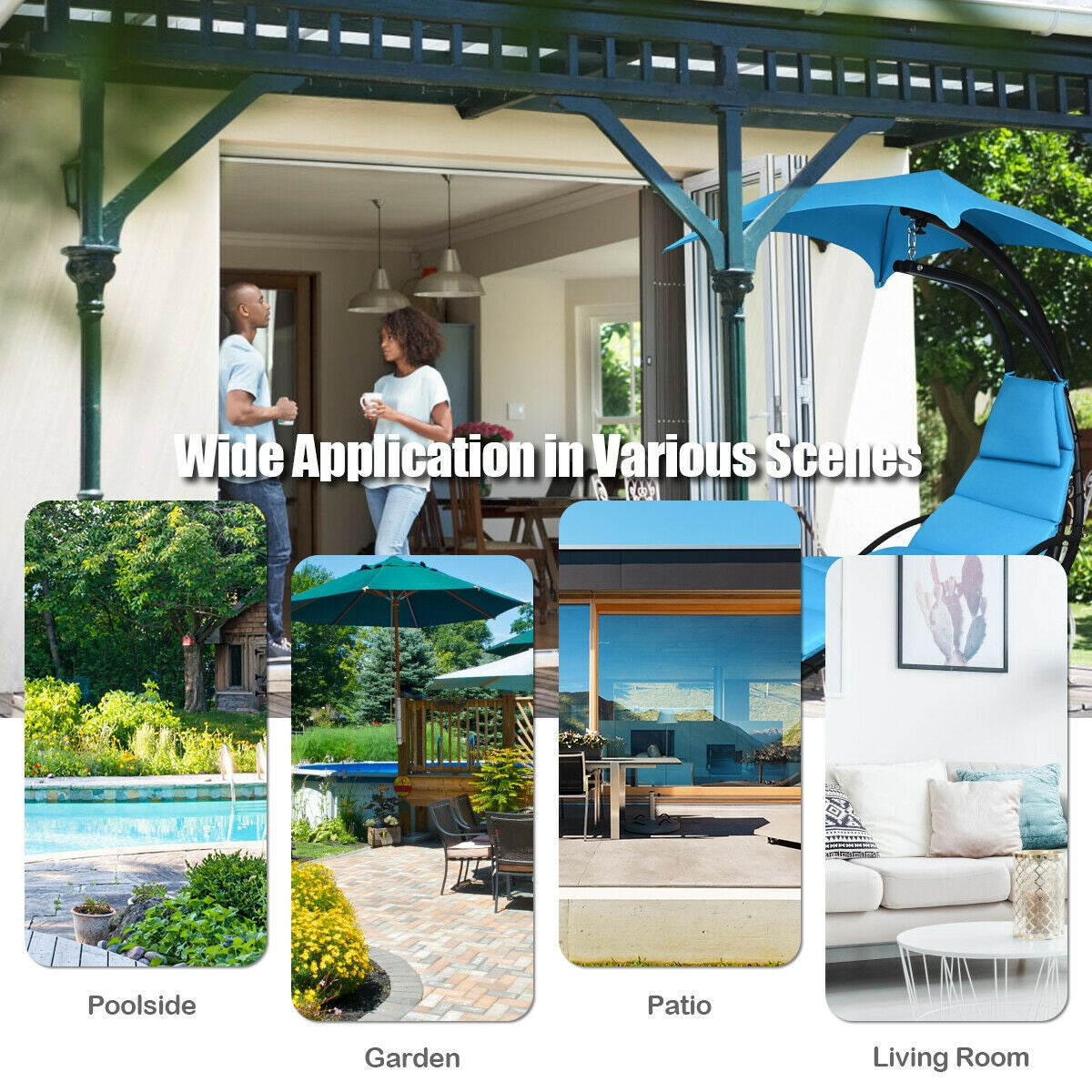 Hanging Stand Chaise Lounger Swing Chair with Pillow-BlueÂ