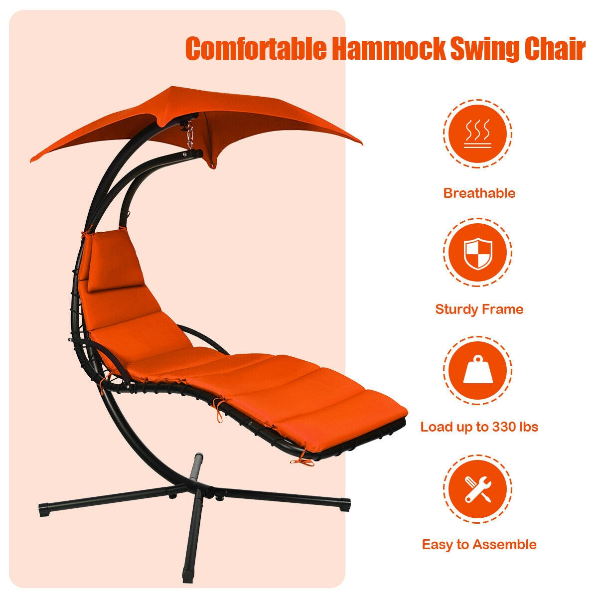 Hanging Stand Chaise Lounger Swing Chair with Pillow-OrangeÂ