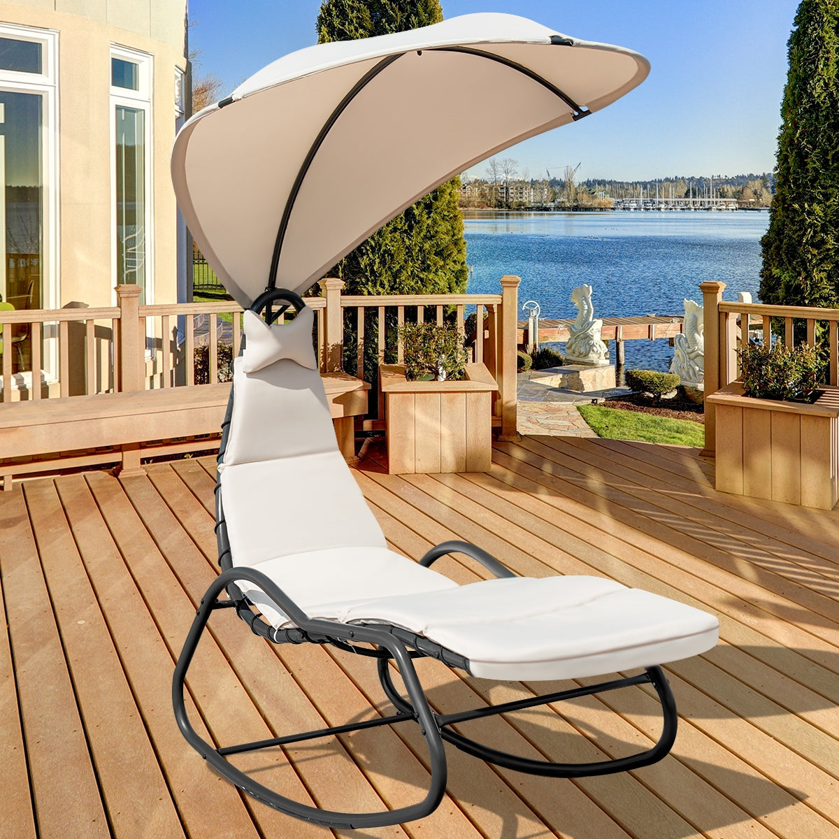 Chaise Lounge Swing with Wide Canopy Sun Shade and Soft Cushion-BeigeÂ
