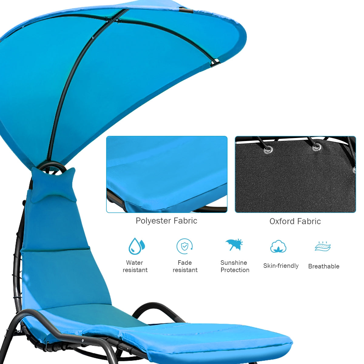 Chaise Lounge Swing with Wide Canopy Sun Shade and Soft Cushion-BlueÂ