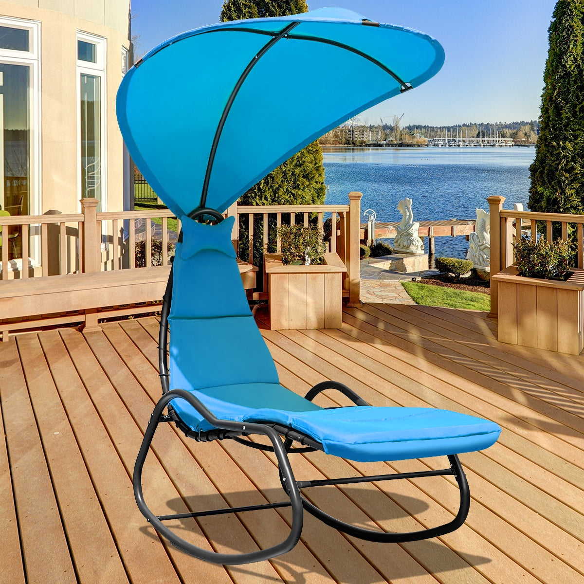 Chaise Lounge Swing with Wide Canopy Sun Shade and Soft Cushion-BlueÂ