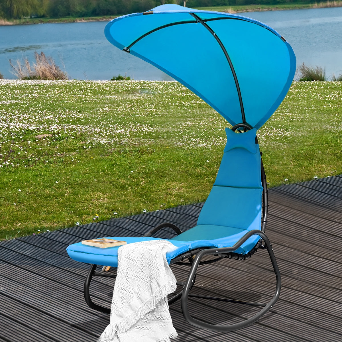 Chaise Lounge Swing with Wide Canopy Sun Shade and Soft Cushion-BlueÂ