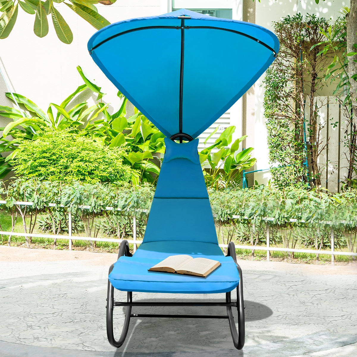 Chaise Lounge Swing with Wide Canopy Sun Shade and Soft Cushion-BlueÂ