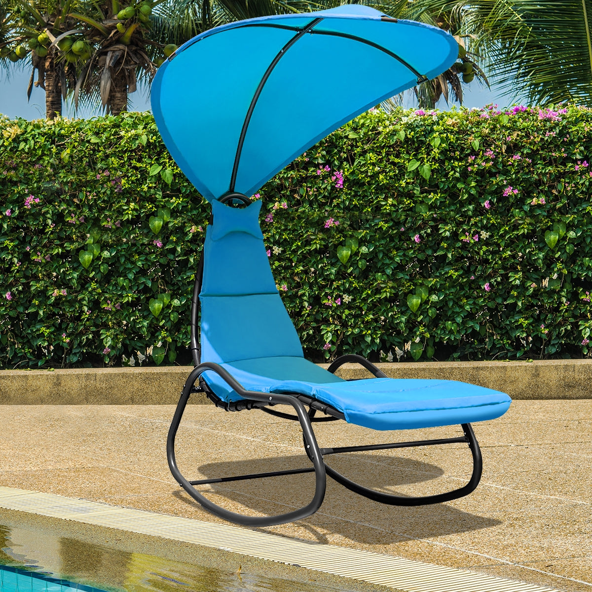 Chaise Lounge Swing with Wide Canopy Sun Shade and Soft Cushion-BlueÂ