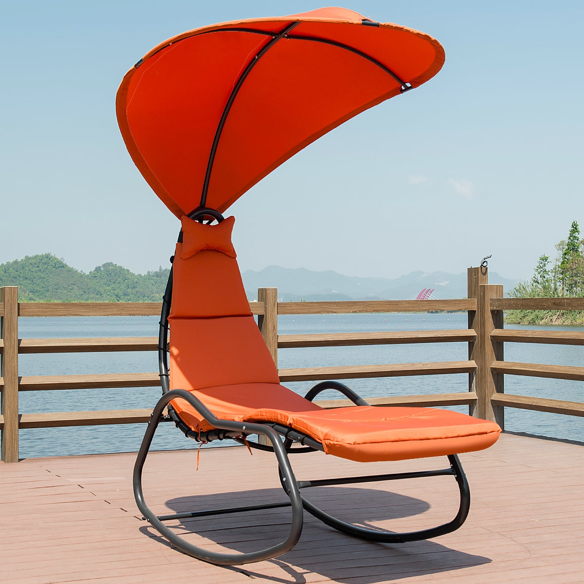 Chaise Lounge Swing with Wide Canopy Sun Shade and Soft Cushion-OrangeÂ